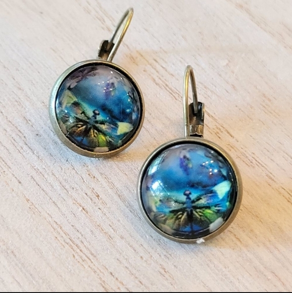 Dragonfly Aquascape Domed Vintage Style Button Dangle Earrings - Picture 2 of 3